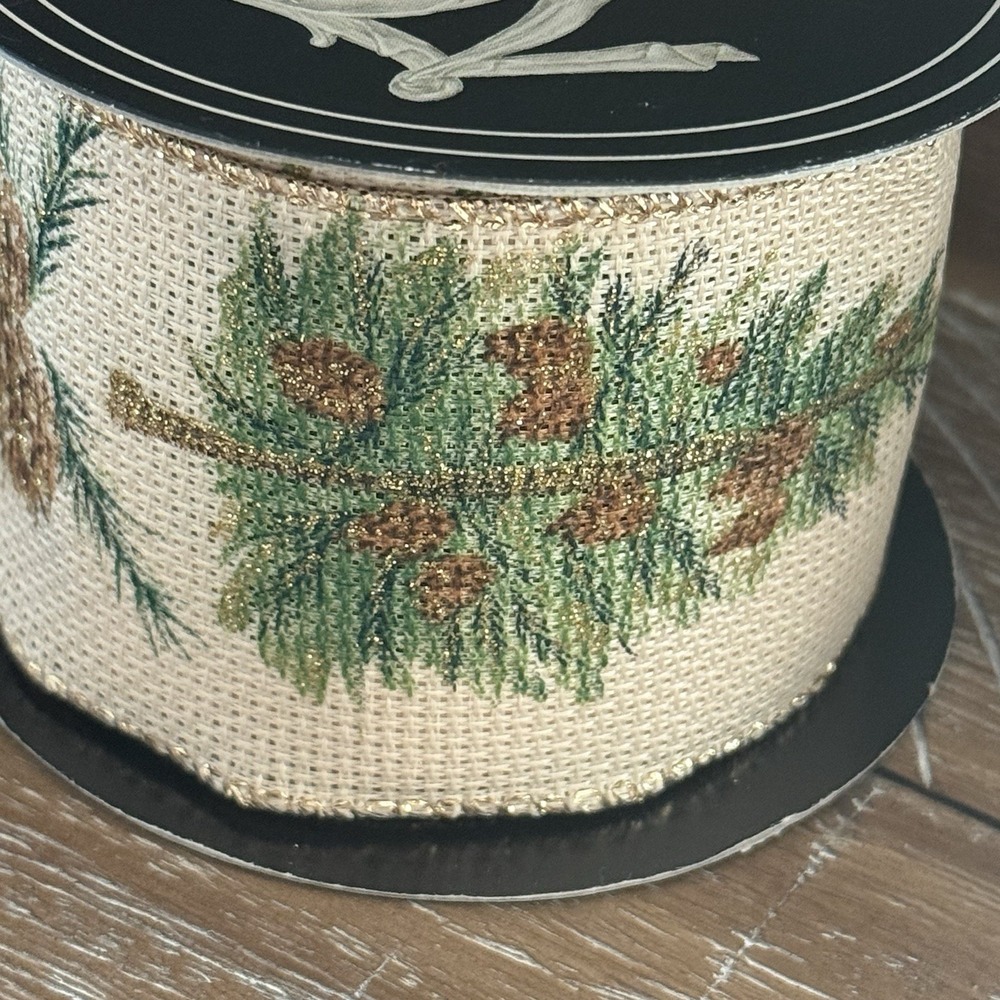 D. Stevens Wired Ribbon 2.5" Christmas Tree Pinecone Natural Metallic Gold Green - Picture 6 of 9